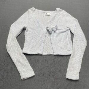 Hollister Sweater Cardigan Juniors Small Gray Tie Front Cropped Knit Logo V Neck